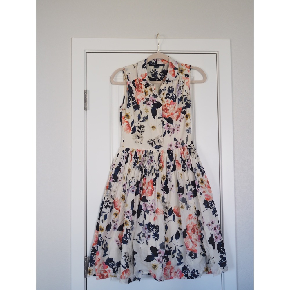 French Connection Floral Fit Flare Cream Cotton Shirt Dress Cottagecore Size 0